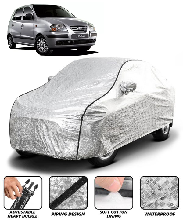 Carzex Waterproof & Heat Resistant Metallic Silver With Black Border Car Body Cover with Mirror Pockets For Hyundai Santro Xing